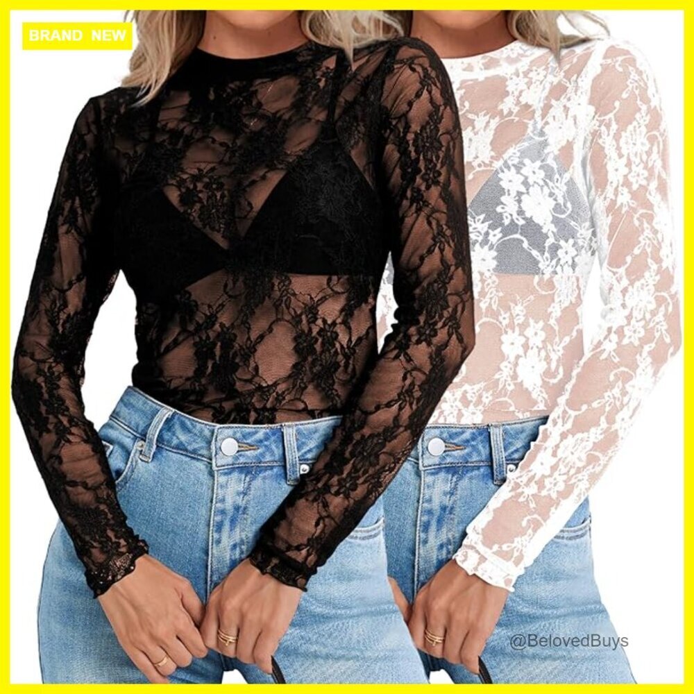 Sheer Mesh Long Sleeve Blouse with Floral Lace Mock Neck Top